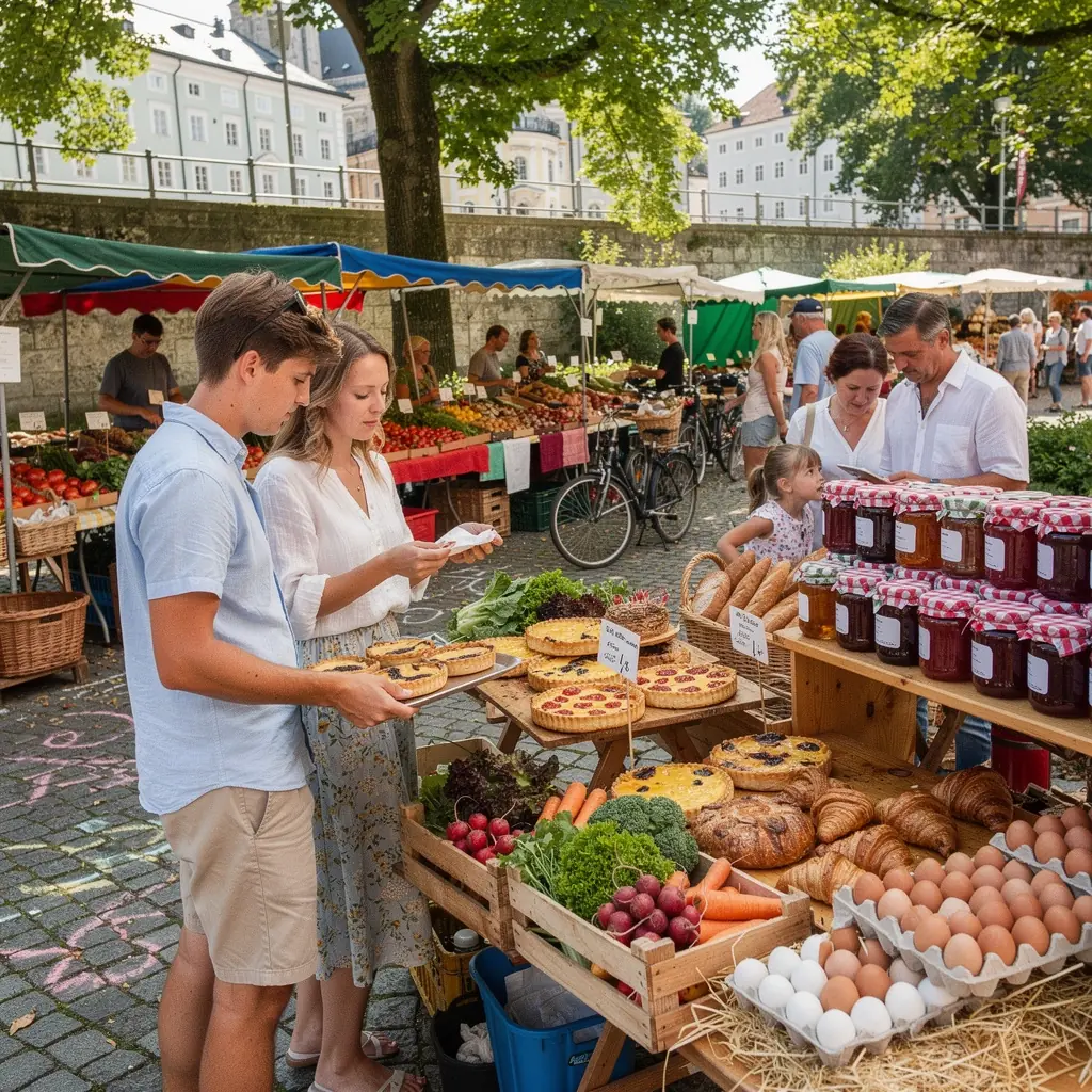 Eine Auswahl an bunten Croissants und Gebäck auf einem rustikalen Holztisch.