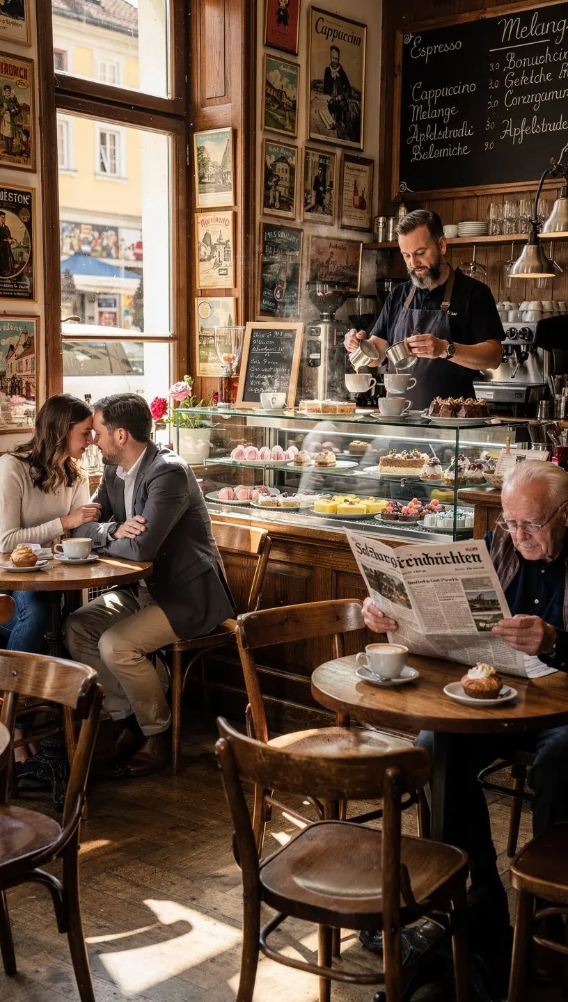 Ein dampfender Becher Kaffee neben einem Stück Apfelstrudel.