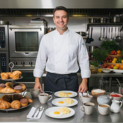 Ein Buffet mit einer Auswahl an Frühstücksgebäck, darunter Muffins und Zimtschnecken.