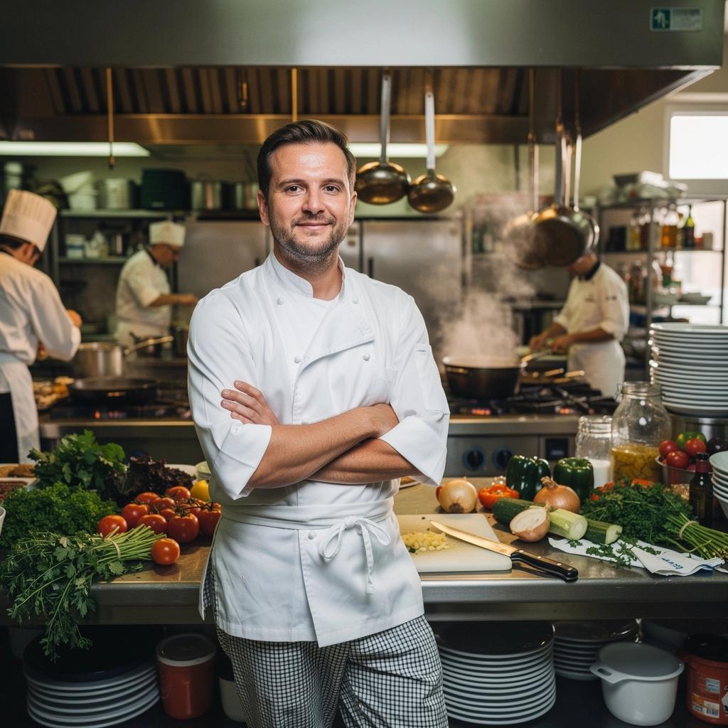 Ein Koch, der in einer modernen Küche Eierspeisen zubereitet, umgeben von frischem Gemüse.